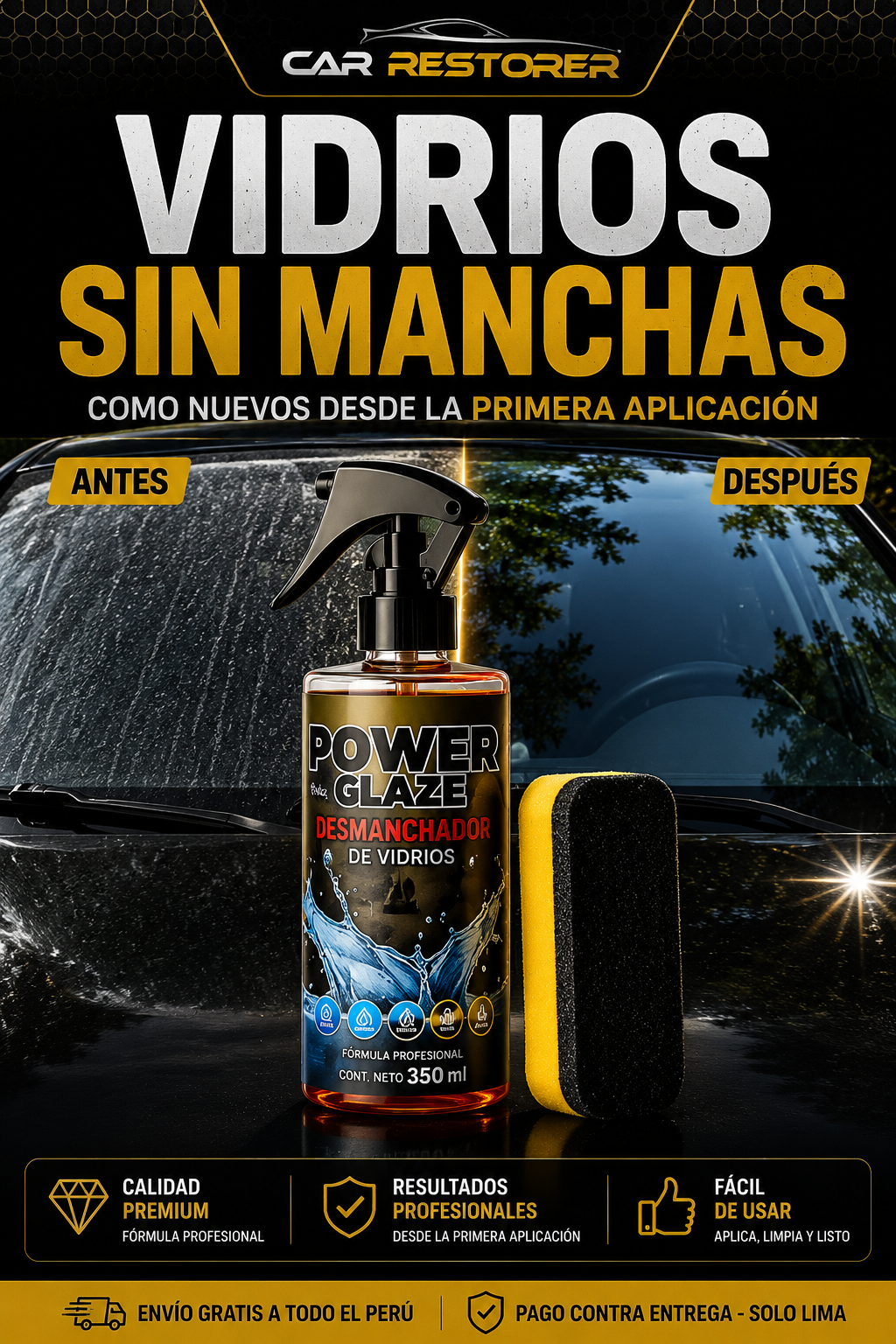 POWER GLAZE™ - Desmanchador Profesional de Vidrios para Auto